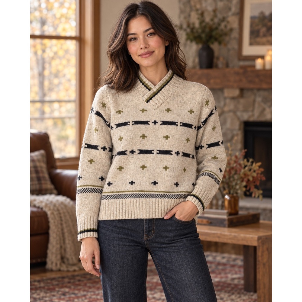 Pendleton Hallie Womens XS 100% Merino Wool V Neck Graphic Sweater Oatmeal NWT